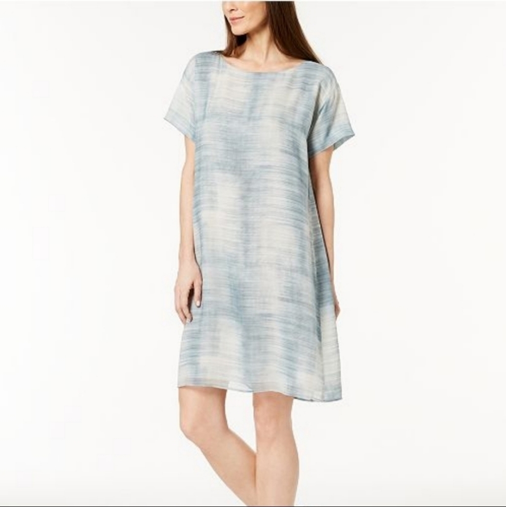 Eileen FISHER Blue-Steel Daze Print Brushstroke Bateau Silk Shift Dress